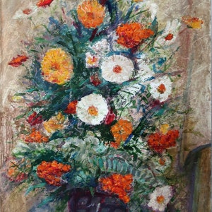 Bodegón de verano Pintura al óleo antigua original del realismo socialista Arte soviético Artista ucraniano Gribok D.K. 80-49 cm Óleo sobre cartón Años 70