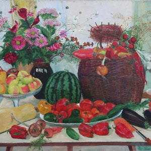 Naturaleza muerta con cesta. Pintura al óleo original del realismo socialista del artista ucraniano Gribok D.K. 79-100 cm cartón óleo año 1999