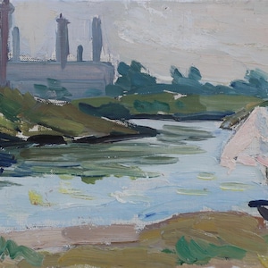 Paisaje. Pintura original de la artista ucraniana Zakharova, 14-27 cm, lienzo sobre cartón, óleo, década de 1970.