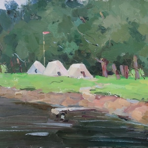 Landschap antiek olieverfschilderij origineel van socialistisch realisme Sovjetkunst door Oekraïense kunstenaar Oleinik N.T. karton olieverf 23-30 cm jaren 70