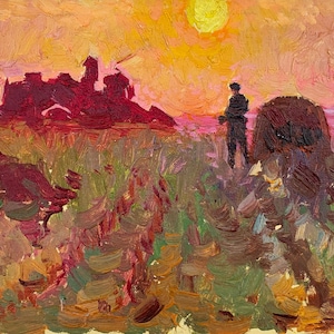 Estudio. Sufrimiento al atardecer. Pintura original del artista ucraniano Pirogov V. 14-21 cm, óleo sobre cartón, 1975.