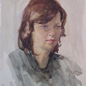 Ritratto. Dipinto originale dell'artista ucraina Kryzhanovskaya M. 36-29 cm, carta, acquerello, anni '70.
