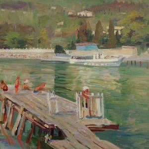 Paisaje con niños. Pintura original de la artista ucraniana Khitrova T. 35-46 cm, óleo sobre cartón, década de 1970