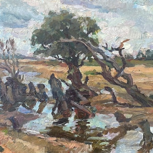 Landschaft. Antike Ölgemälde original sozialistischen Realismus Ukrainischen Künstler Voziyanov A. 33-44 Karton Öl 1970er Jahre