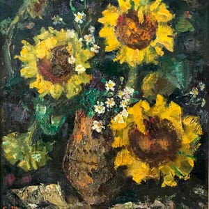 Girasoles. Pintura original de la artista ucraniana Repka. 50-44 cm, óleo sobre cartón, 1996.