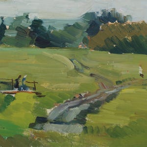 Paisaje. Pintura original de la artista ucraniana Zakharova, 23-29 cm de largo, óleo sobre cartón, década de 1970.