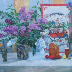 Naturaleza muerta de Pascua. Pintura al óleo original del realismo socialista del artista ucraniano Gribok D.K. 79-100 cm cartón óleo año 2002