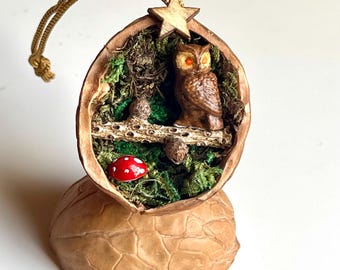 Walnut shell rustic tree decoration. Hand painted, 3d printed resin owl on a pine perch. Unique addition to your tree.
