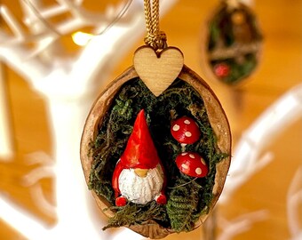 Walnut shell bearded gnome in a mushroom grove, rustic tree decoration. Unique addition to your tree.