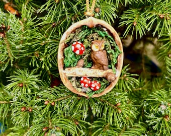 Walnut shell rustic tree decoration. Hand painted, 3d printed resin owl on a pine perch. Unique addition to your tree.