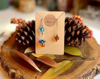 Cute blue and brown glass toadstool bead thong bookmark - perfect unique gift for book lovers