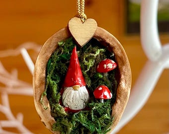 Walnut shell bearded gnome in a mushroom grove, rustic tree decoration. Unique addition to your tree.