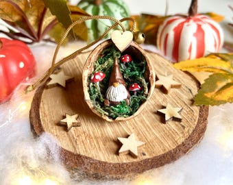 Walnut shell bearded gnome in a mushroom grove, rustic tree decoration. Unique addition to your tree.