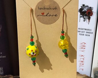 Unusual yellow glass beaded thong bookmark. Unique gift