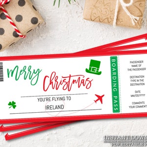 Ticket To Ireland Boarding Pass, Printable Christmas Gift, Surprise Trip Reveal Getaway Holiday Flight, Instant Download, Editable Text _301