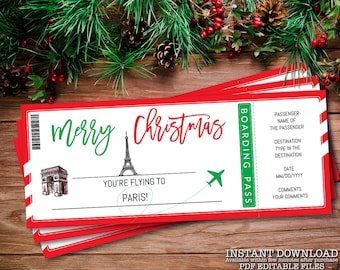 Surprise Ticket To Paris, Christmas Ticket, Airplane Christmas Gift, Paris Boarding Pass, Surprise Holiday Flight, Instant Download _309