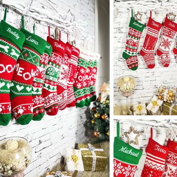 Christmas Stockings Personalized 2023, Handmade Knitted & Embroidered Family, Kids, and Pet Stockings, Holiday Stockings With Names