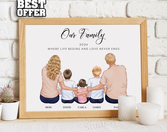 Our Family Illustration Gift From Kids, Family With Kids Dogs Cats and Rabbits, Gift For Mom and Dad, Digital or Physical Wall Art, _011