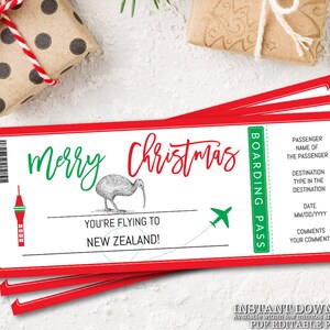 Christmas Surprise Trip To New Zealand, Printable Christmas Plane Ticket, Surprise Holiday Getaway Flight, New Zealand Boarding Pass _319