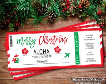 Fake Ticket To Hawaii Boarding Pass, Printable Christmas Gift, Surprise Trip Reveal, Holiday Flight, Instant Download, Editable Text _303