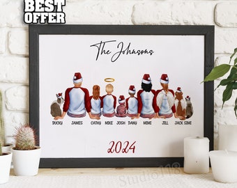 Personalized Family Portrait With Pets, Christmas Family Gift, Housewarming Gift, Custom Family Wall Art Illustration, Gift Dad Mom, _001