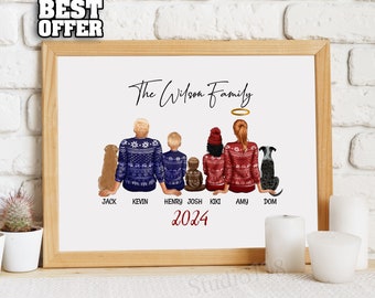Cozy Sweater Family Portrait, Christmas Family Gift, Christmas Family Art 2024, Personalized Wall Art Illustration, Grandparents Gift, _001