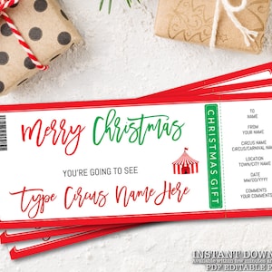 Christmas Surprise Circus Ticket, Printable Carnival Pass Gift Certificate, Last Minute Kids Xmas Gift, Instant Download, Editable Text _329