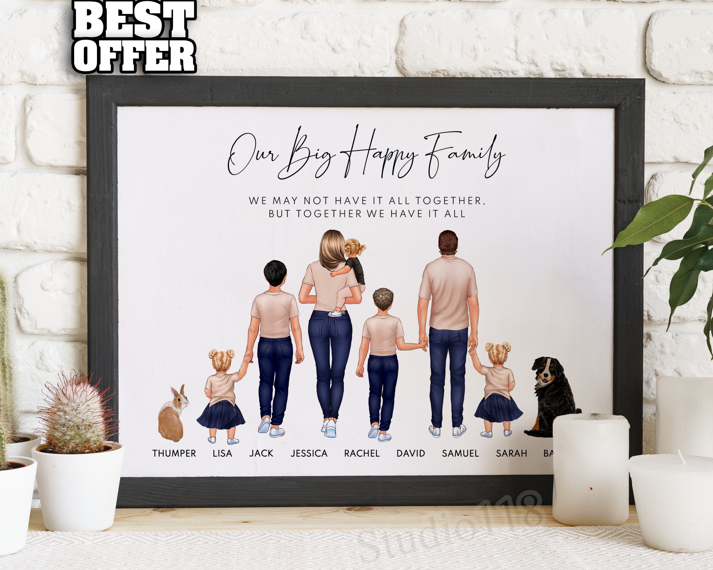 Personalized Big Family Portrait With Kids and Pets, Custom Family Illustration, Birthday Gift For Grandparents, Mom and Dad, _004