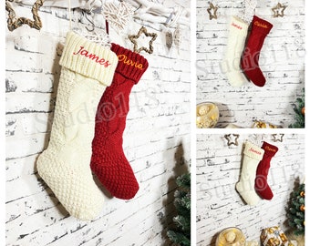 Embroidered Christmas Stocking, Knit Stockings, Personalized Stockings, Christmas Gift, Embroidered Custom Stockings, Cable Knit, HO-02