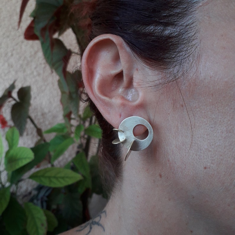 Mixed Metal Jewelry, Cyclic Earrings, Silver & Brass, Handmade Stud Earrings, Geometric Earrings, Contemporary Art Jewelry, Gift For Her image 8