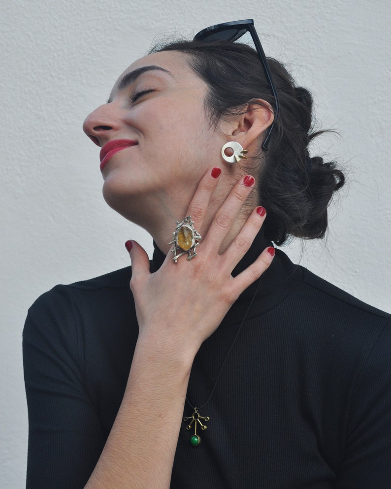 Mixed Metal Jewelry, Cyclic Earrings, Silver & Brass, Handmade Stud Earrings, Geometric Earrings, Contemporary Art Jewelry, Gift For Her image 3