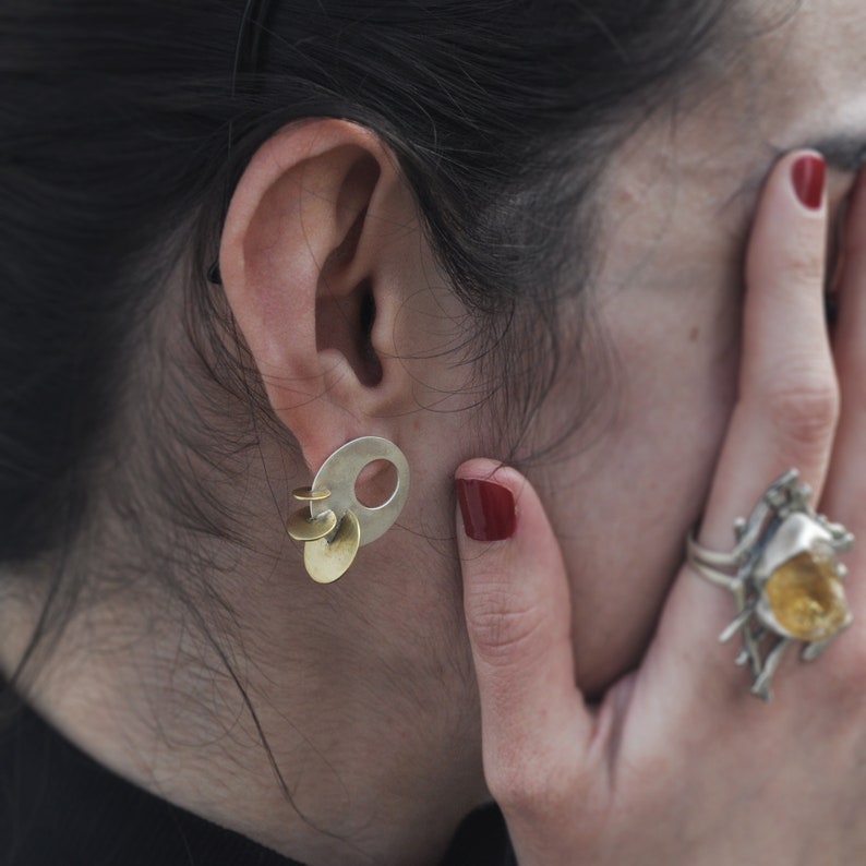 Mixed Metal Jewelry, Cyclic Earrings, Silver & Brass, Handmade Stud Earrings, Geometric Earrings, Contemporary Art Jewelry, Gift For Her image 2