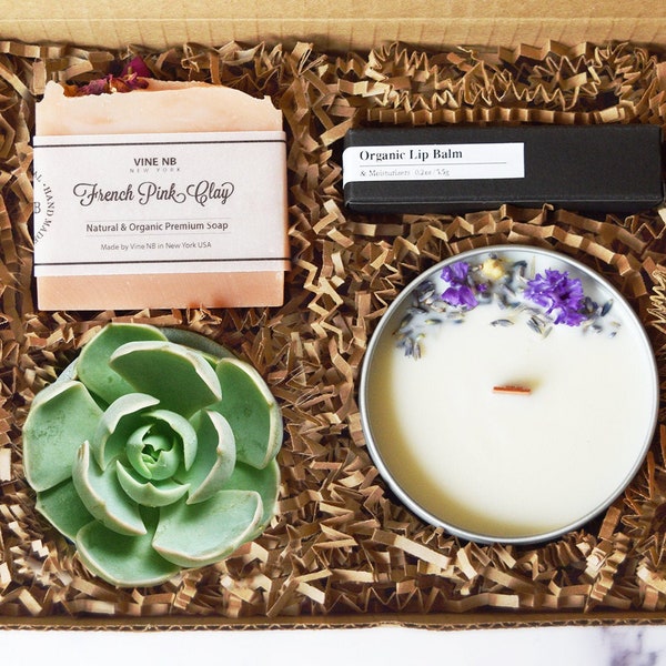 Succulent Gift Box/Live Succulent, Wood Wick Herb Soy Candle, Natural Soap, Organic Lip Balm/ Gift Set For Her/ Thank You Gift/ Gift for MOM