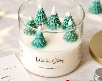 May include: A clear glass jar candle filled with white wax and topped with several small green wax Christmas trees with white tips. The label reads Winter Story. Includes a small glass vial of colorful matchsticks and a holiday greeting card.