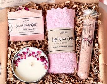 Rose Spa Gift Set/ Soy Candle/ Organic Rose Milk Bath Soak/ CP Soap/ Soft Wash Cloth/ Gift For Her/ Care Package/ Birthday Gift/ Thank You