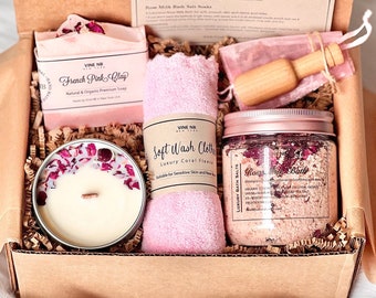 Natural Rose Spa Gift Set/ Wood Wick Soy Herd Candle/ Rose Milk Bath Soak/ CP Soap/ Wash Cloth/ Gift For Her/Gift For Mom/ Mother's Day Gift