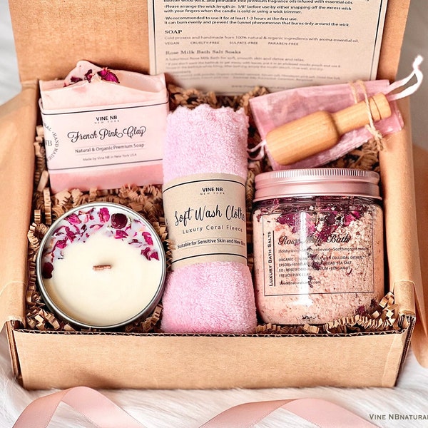 Natural Rose Spa Gift Set/ Wood Wick Soy Herd Candle/ Rose Milk Bath Soak/ CP Soap/ Wash Cloth/ Gift For Her/Gift For Mom/ Mother's Day Gift