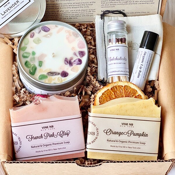 Natural & Organic Spa Gift Set-Healing Crystal Candle/ CP Soap, Organic Balm, Matchsticks-Self care package/ Gift For Her/ Thank You Gift