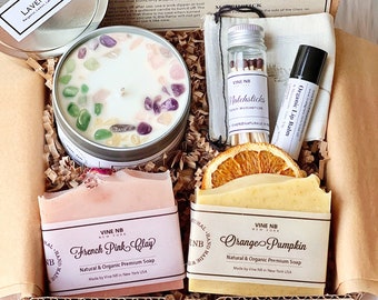 Natural & Organic Spa Gift Set-Healing Crystal Candle/ CP Soap, Organic Balm, Matchsticks-Self care package/ Gift For Her/ Thank You Gift