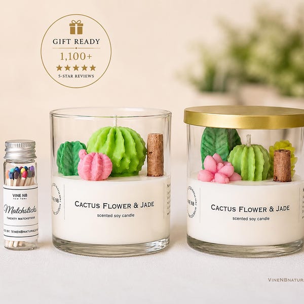 Hand-Poured Cactus Soy Candle, Succulent Terrarium Gift, Birthday & Housewarming Present, Cactus Flower Jade Scent
