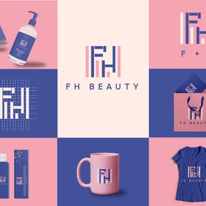May include: A collage of beauty product branding elements. Includes two blue cosmetic bottles, a logo design, a shopping bag, a mug, a t-shirt, and a USB drive. The logo features the letters "FH" in a vertical striped design. The color scheme is pink and blue.