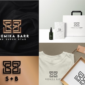 May include: A collection of branding materials featuring the "Shemika Barr" logo. The logo is a stylized "SB" design. Items include a shopping bag, a bottle, a t-shirt, a tag, and a box, all displaying the logo.