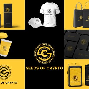 Puede incluir: Una colección de productos con el logotipo "Seeds of Crypto". Los artículos incluyen un frasco cuentagotas negro, una camiseta blanca, una gorra de béisbol blanca, bolsas de la compra, tarjetas de visita, una taza de café y mochilas. El logotipo es una "G" dorada dentro de un círculo.