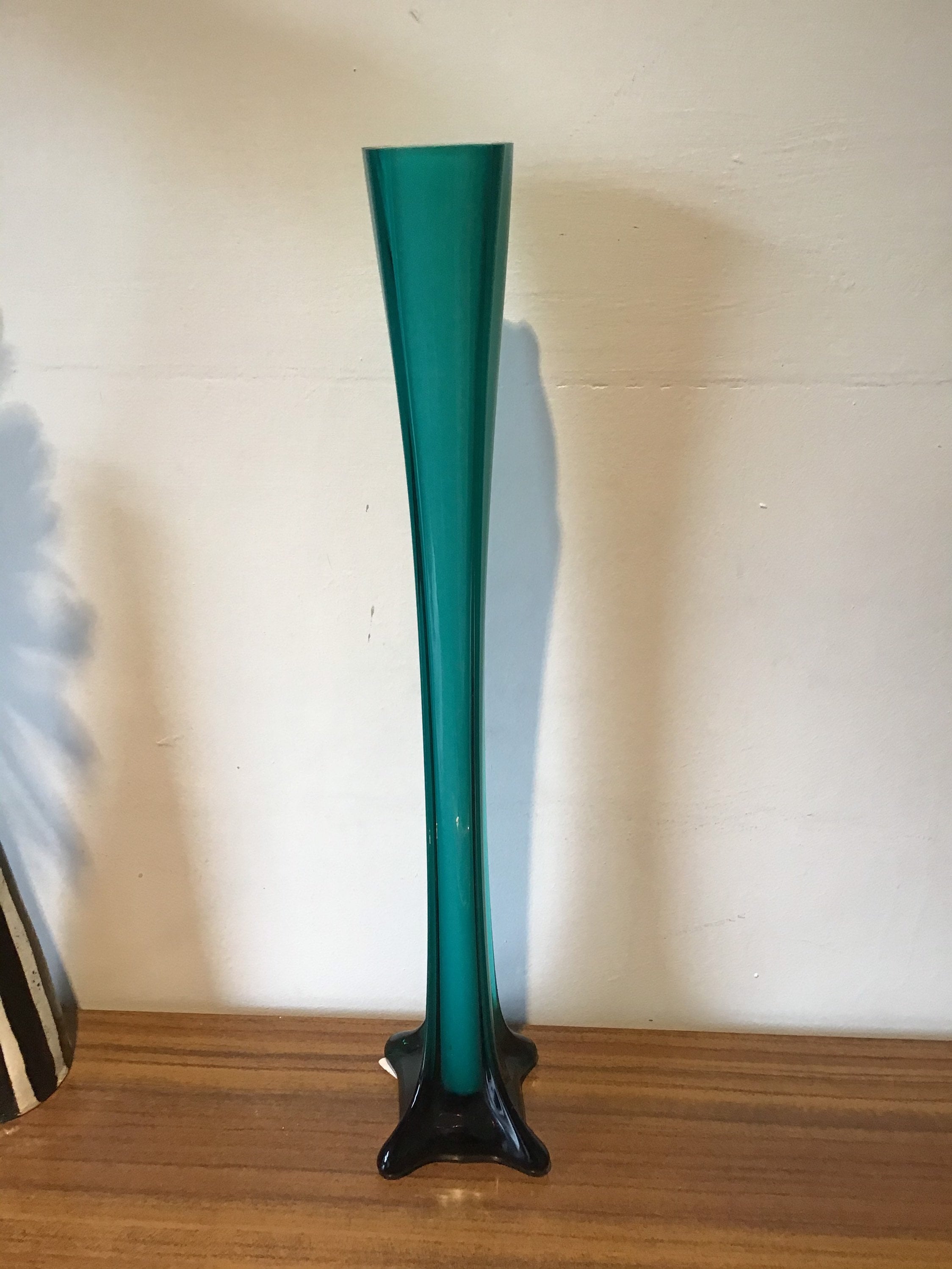 Vintage Slim Tall Glass Teal Vase Etsy