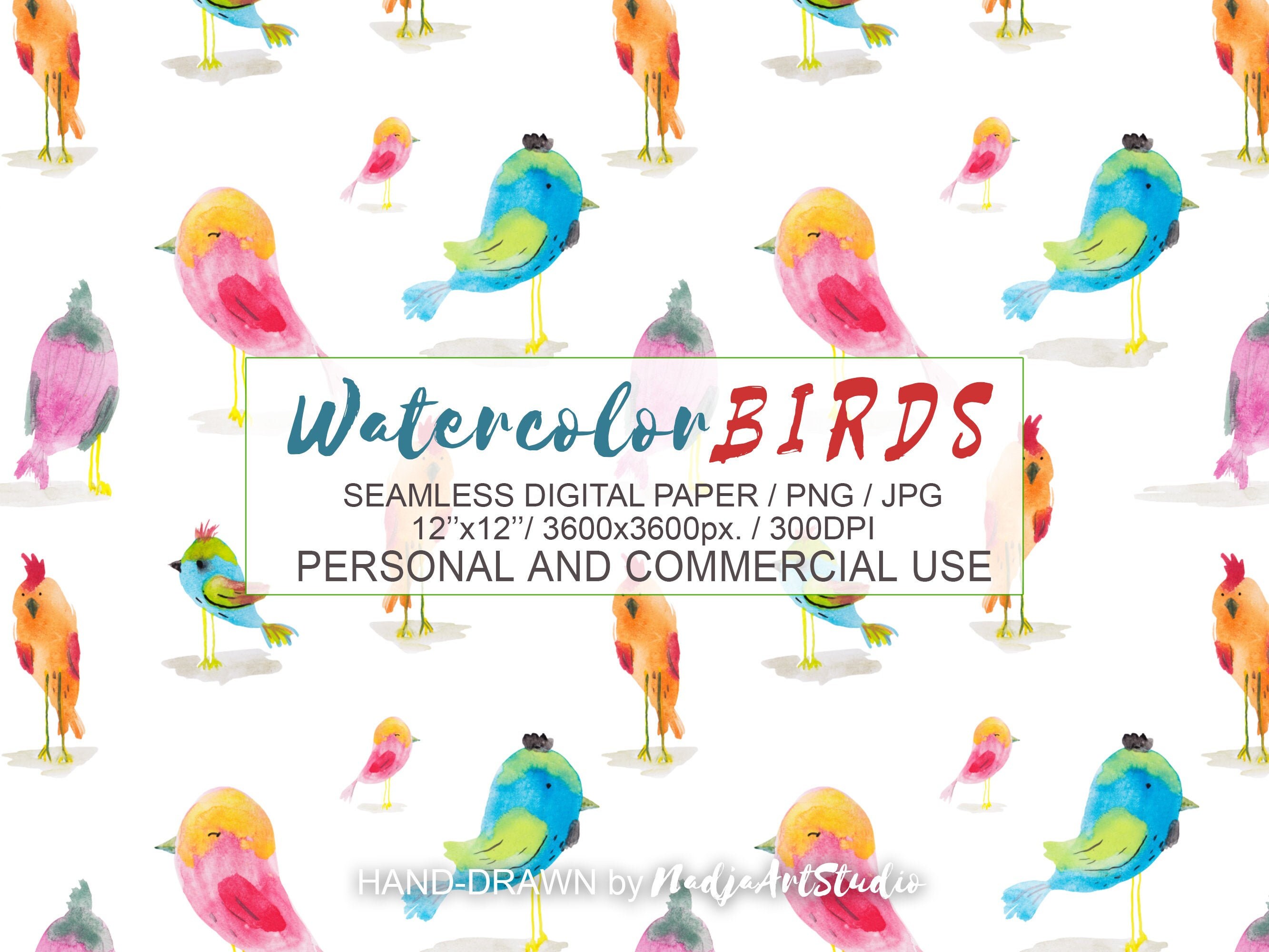 Watercolor Birds Digital Paper Bird Clipart Bird Art Print Etsy