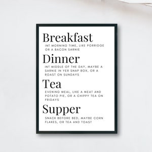 Yorkshire translation poster - Northern meal times - INSTANT DOWNLOAD