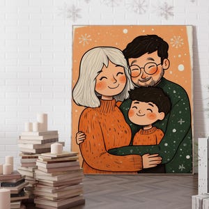 Niedliches Familienporträt, Illustration vom Foto, handgefertigtes Familienporträt, Paarporträt, individuell gestalteter Druck, Cartoon-Porträt