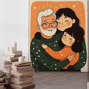 Familieportret, leuk familieportret op maat, portret op maat, portret op maat, illustratie op maat, portret van stel met huisdier, schattig portret op maat