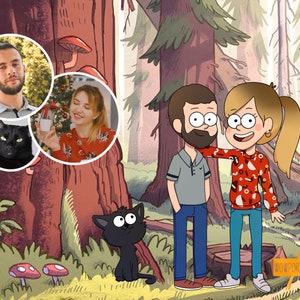 Cartoon Portrait, Benutzerdefiniertes Portrait Geschenk, Paar Portrait mit Haustieren, personalisiertes Portrait, Portrait von Mann, Jubiläum Portrait