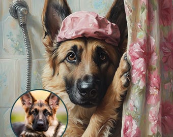Lustiges Hundeportrait, Haustierportrait nach Wunsch, lustiges Badezimmerkunst, personalisiertes Haustiergeschenk, Hund liest Zeitung auf Toilette, Geschenk für Tierbesitzer